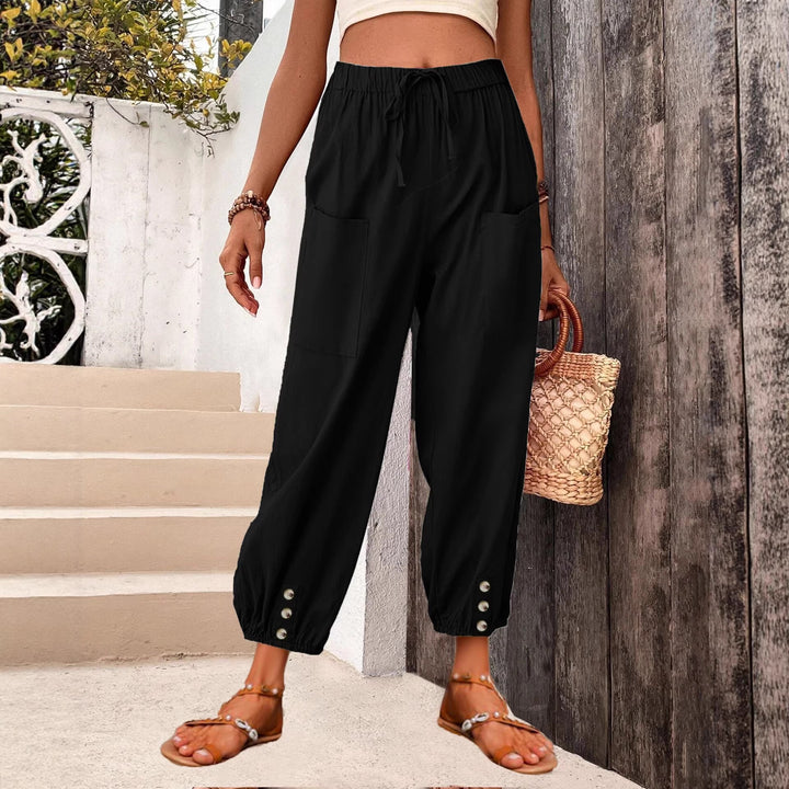 Damen Leinenlook Loungehosen mit hohem elastischem Taillenbund, Kordelzug, aufgesetzten Taschen und geknöpftem Saum – Avélisse