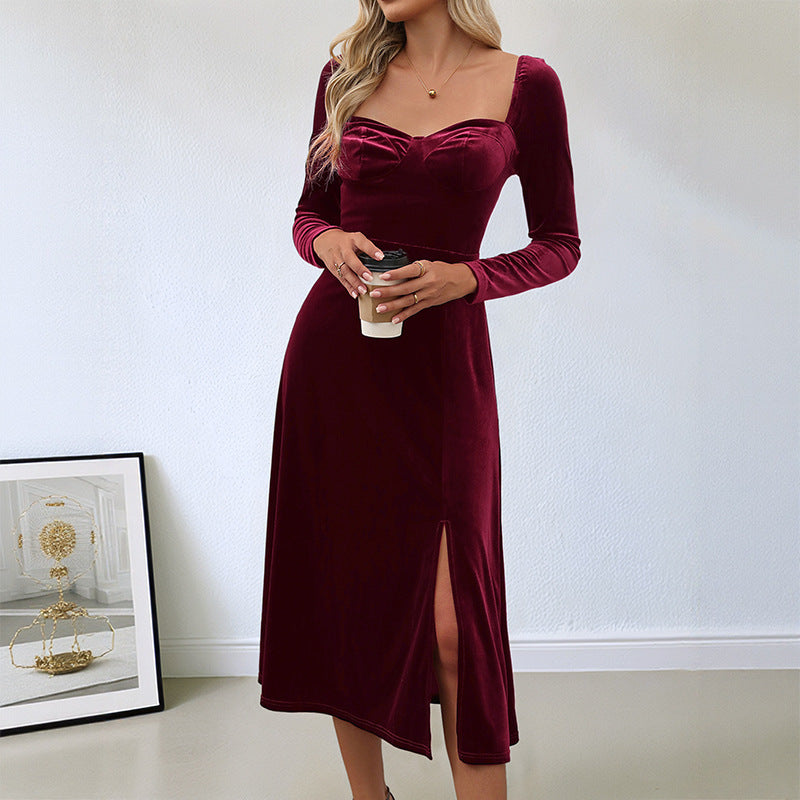 Damen Elegantes Samt-Midikleid mit Schulterpolstern und Schlitz Echo Archiv