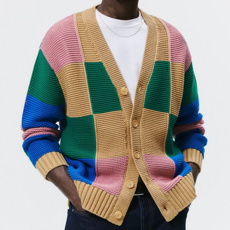 Herren gestreifter Strickcardigan mit bunten Farbblock-Design Echoarchiv