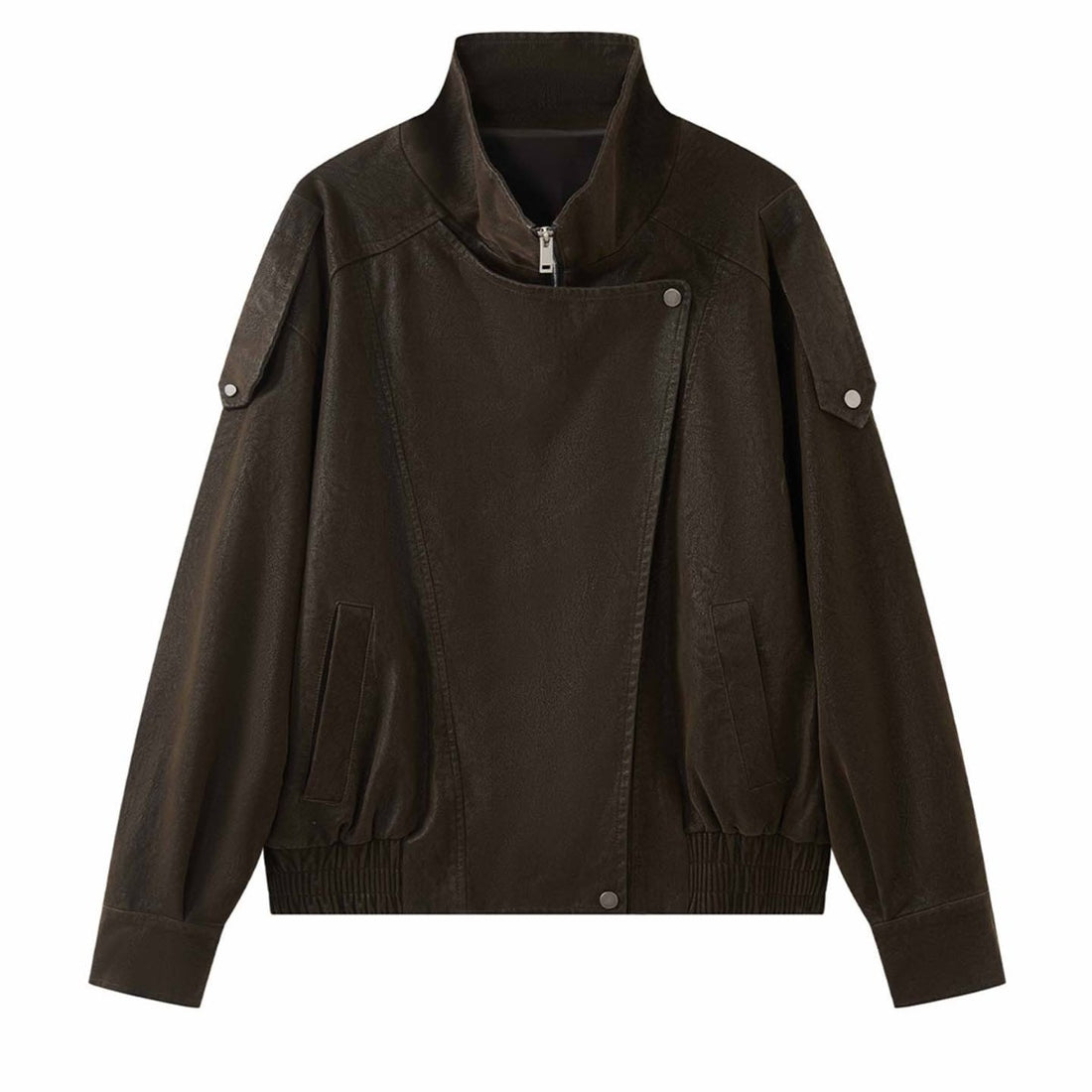 Damen Oversized Lederjacke mit hohem Kragen und asymmetrischer Druckknopfleiste Echoarchiv