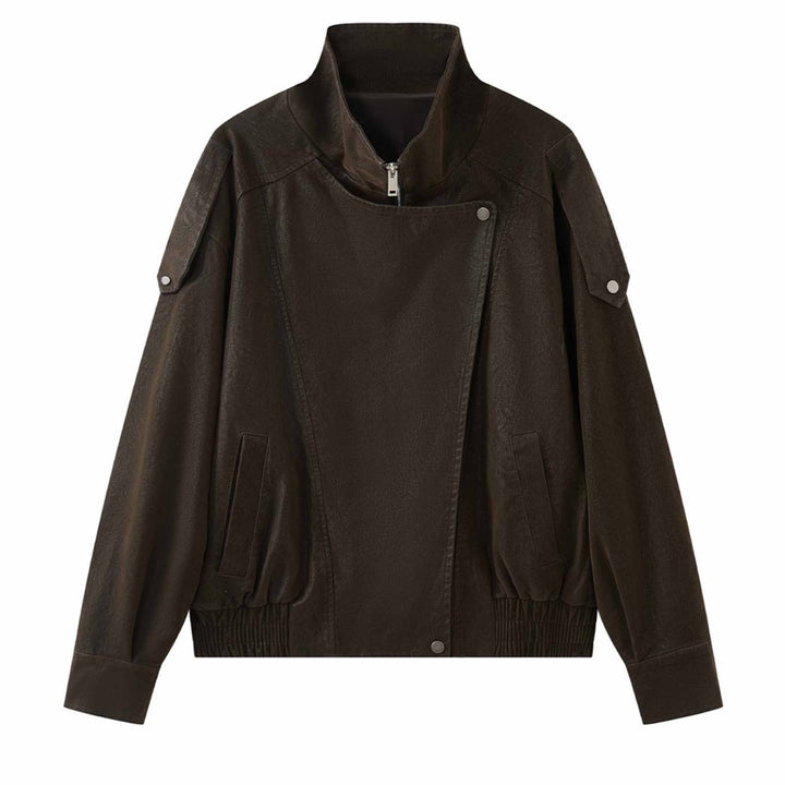 Damen Oversized Lederjacke mit hohem Kragen und asymmetrischer Druckknopfleiste Echoarchiv