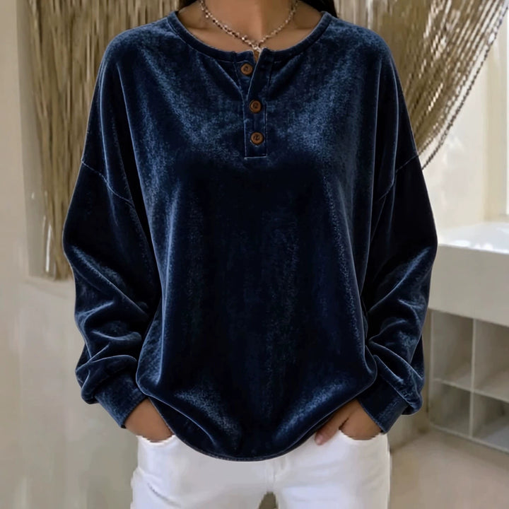 Damen Lässiges Oversize Samt-Henleyshirt mit Knopfleiste Echoarchiv