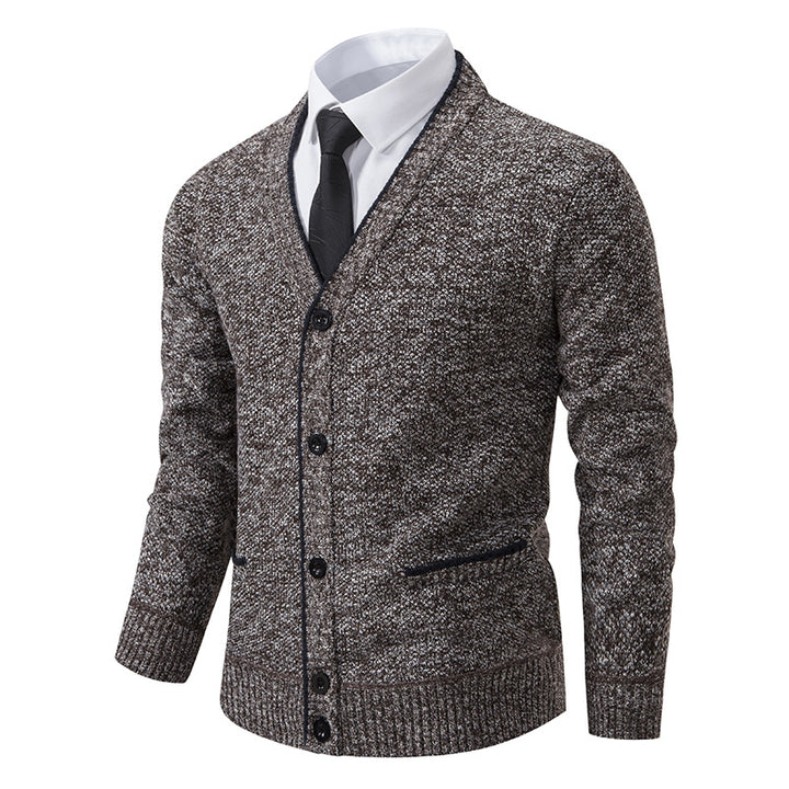 Herren nan melierter Strukturstrick-Cardigan mit V-Ausschnitt, Kontrastkanten und aufgesetzten Taschen Echo Archiv