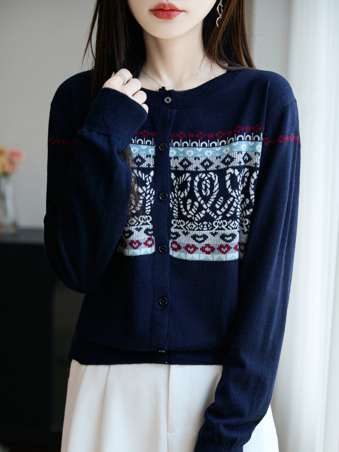 Damen Leichter Feinstrick-Cardigan mit nordischem Jacquardmuster und feiner Knopfleiste Echoarchiv