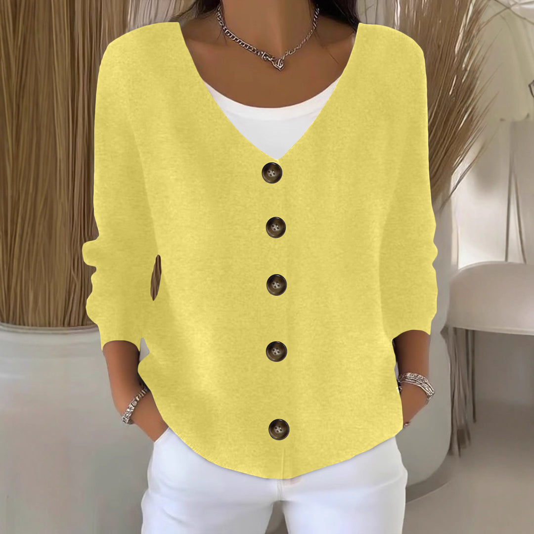 Damen Lockerer V-Ausschnitt Feinstrick-Cardigan mit Holzknopfleiste – Veloura