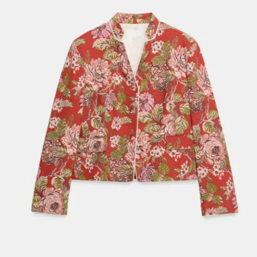 Damen Cropped Jacquard‑Blouson mit Mandarinkragen und floraler Brokatstruktur Echo Archiv