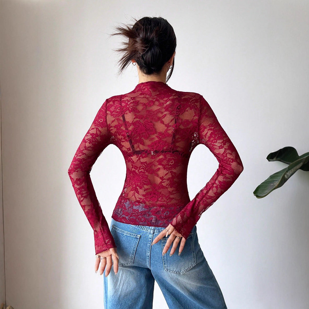 Damen nan figurbetontes transparentes Spitzen-Crop-Top mit hochgeschlossenem Kragen und integrierter Bustier-Form Echo Archiv