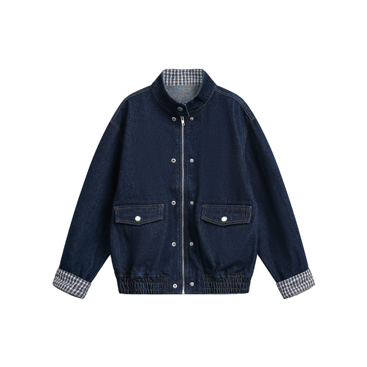 Damen Oversize-Denimjacke mit Stehkragen und Karo-Futter Echoarchiv
