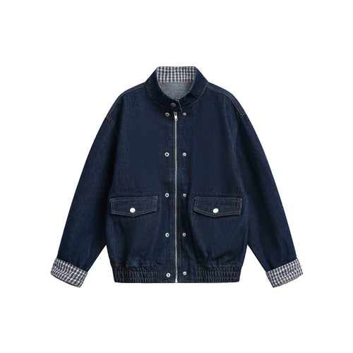 Damen Oversize-Denimjacke mit Stehkragen und Karo-Futter Echoarchiv