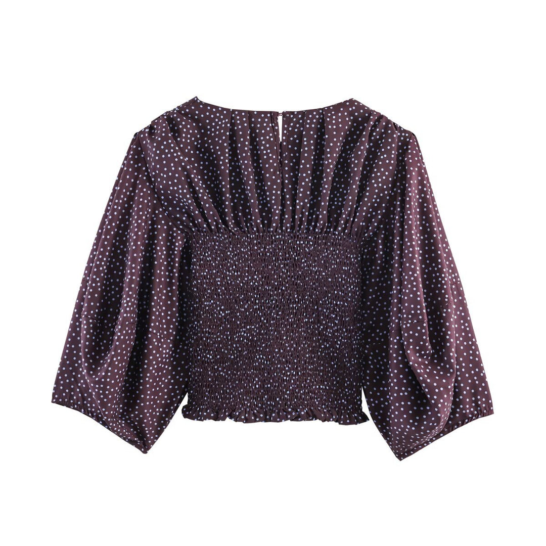 Damen Gepunktete Carmen-Bluse mit Smok-Taille und voluminösen Ballonärmeln Echo Archiv