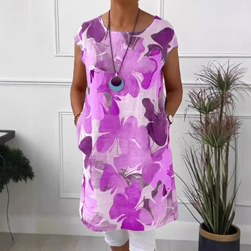 Damen nan luftiges Tunika-Midikleid aus Leinenmix mit Aquarellblütenprint und Seitentaschen Echo Archiv