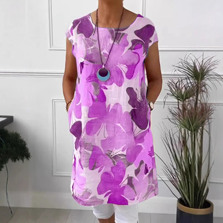 Damen nan luftiges Tunika-Midikleid aus Leinenmix mit Aquarellblütenprint und Seitentaschen Echo Archiv