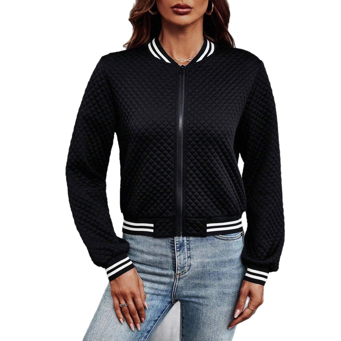 Damen Gepolsterte Bomberjacke mit Rautenstepp, Kontraststreifen und Reißverschluss – Avenza