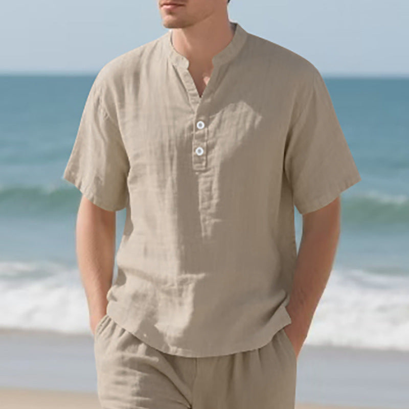 Herren Kurzarm-Henley-Shirt aus leichtem Leinenstoff mit praktischer Knopfleiste Echoarchiv