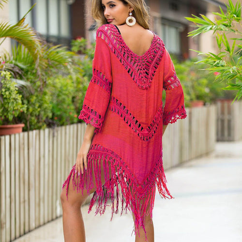 Damen gehäkeltes Strandkleid mit fransigen Details und tiefem V-Ausschnitt Echo Archiv