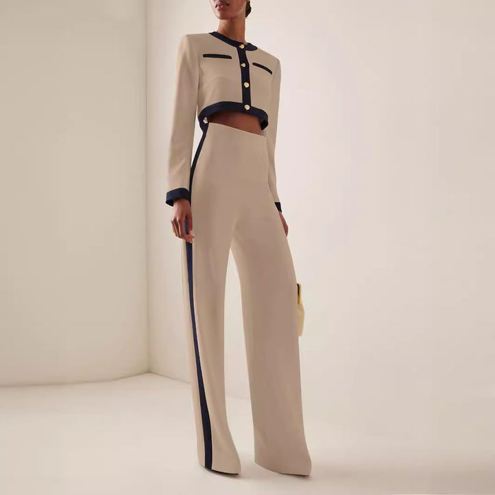 Damen Kurzgeschnittenes Cropped-Tailoring-Set mit Kontrastpaspel und High‑Waist Palazzo-Hose – Avélisse