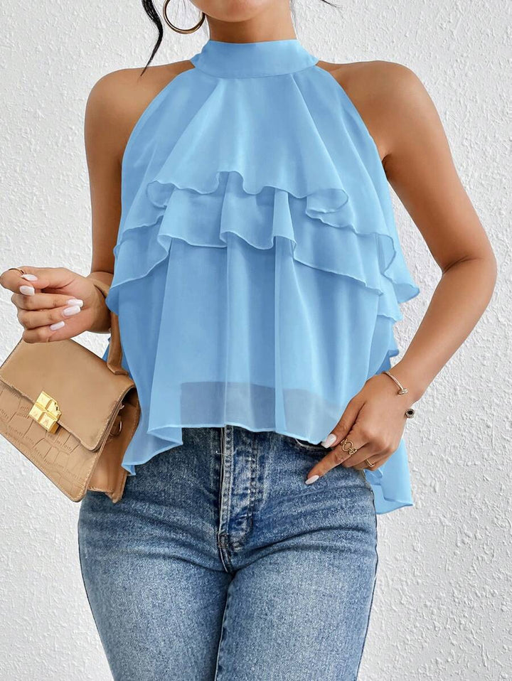 Damen Luftiges Chiffon-Top mit Stehkragen und mehrlagigen Volants Echo Archiv