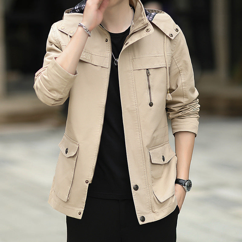 Herren Leichte Fieldjacke mit Kapuze, Multifunktionstaschen und verdecktem Reißverschluss – Taviero