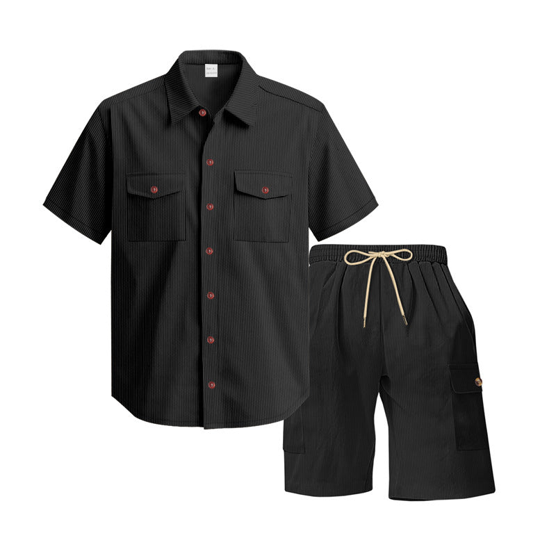 Herren nan strukturiertes Kurzarmhemd und Bermuda-Set mit Pattentaschen und elastischem Bund Echo Archiv