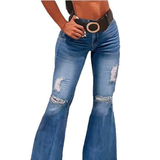 Damen hochgeschnittene Schlaghose aus Stretch-Denim mit ausgestelltem Bein, Knie-Rips und ausgefranstem Saum Echo Archiv