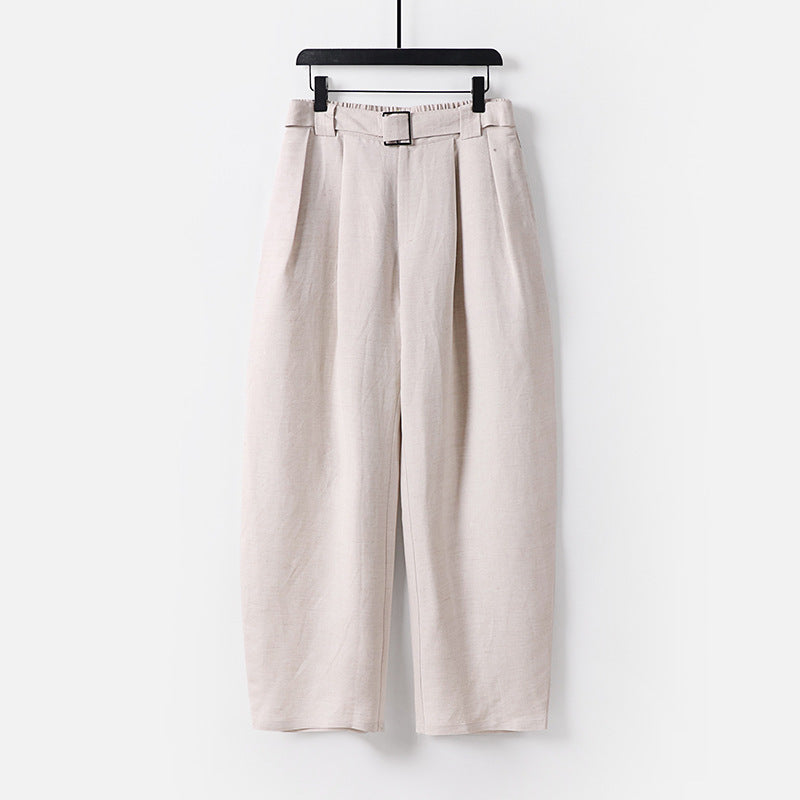 Damen Hochgeschnittene weite Leinenmix-Hose mit Bundfalten und Stoffgürtel Echoarchiv