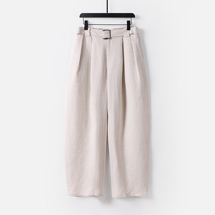 Damen Hochgeschnittene weite Leinenmix-Hose mit Bundfalten und Stoffgürtel Echoarchiv