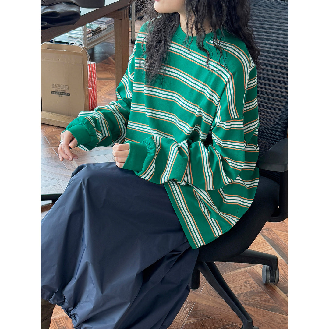 Damen Oversize-gestreiftes Baumwolljersey-Longsleeve mit überschnittener Schulter Echoarchiv