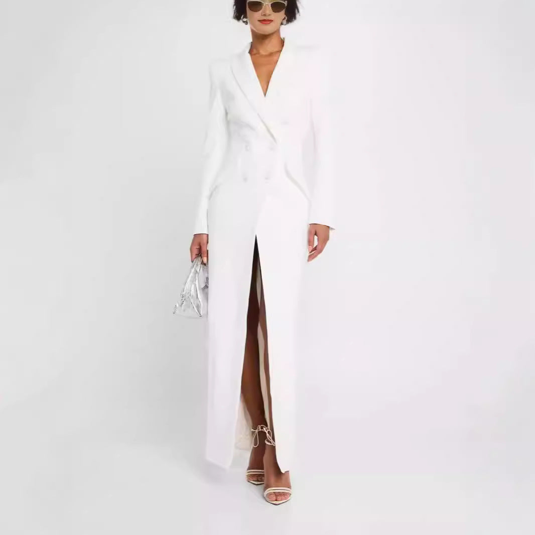 Damen Blazerkleid Maxikleid mit Doppelreiher, taillierter Silhouette und hohem Frontschlitz Echoarchiv