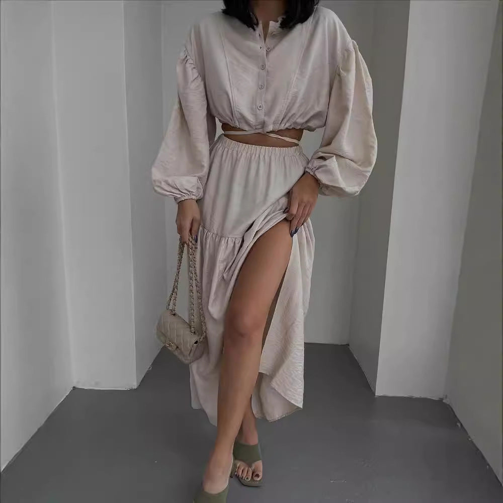 Damen Zweiteiliges Boho-Set mit Cropped-Bluse und Maxirock mit Schlitz Echoarchiv