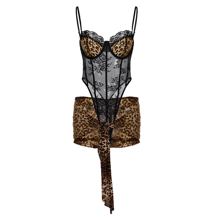 Damen Spitze Bodysuit mit animalischem Design und verführerischem Saum Echo Archiv