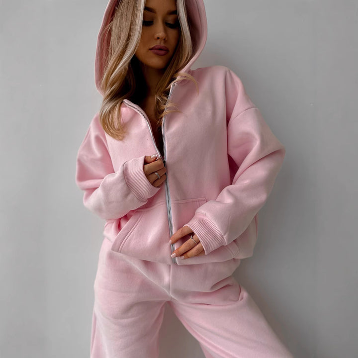 Damen Baumwoll-Fleece Lounge-Set mit Oversize-Zip-Hoodie und Palazzo-Sweatpants – Auréline