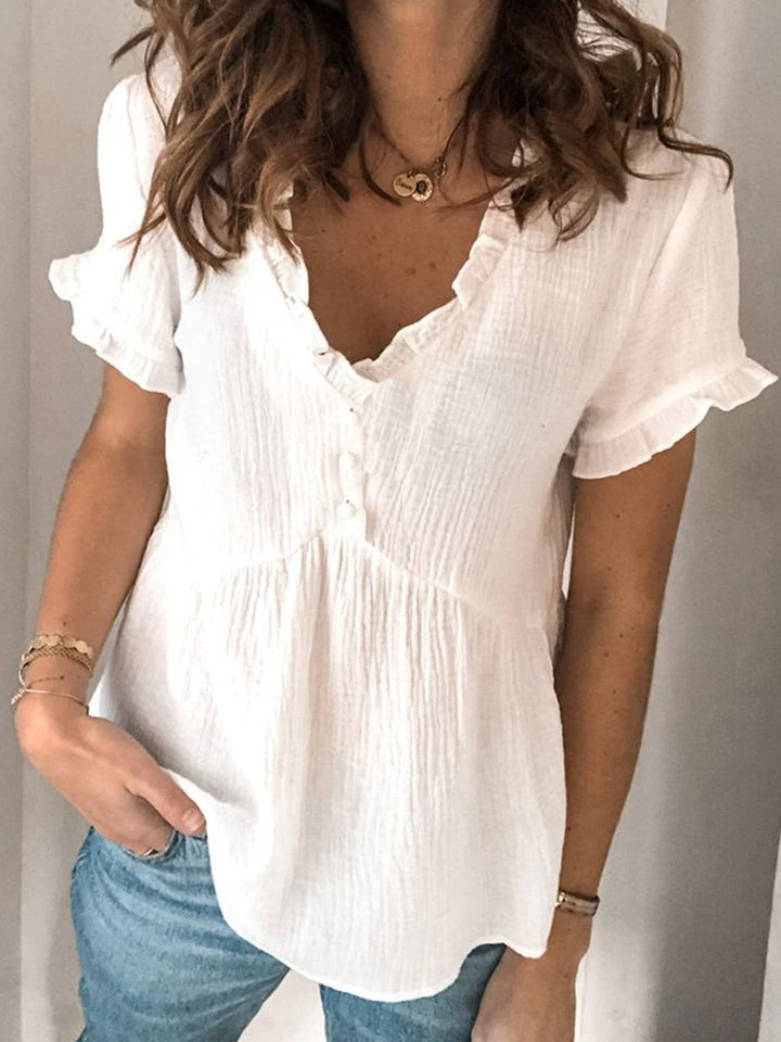 Damen V-Ausschnitt Bluse mit Rüschendetails und Knopfverschluss Echo Archiv