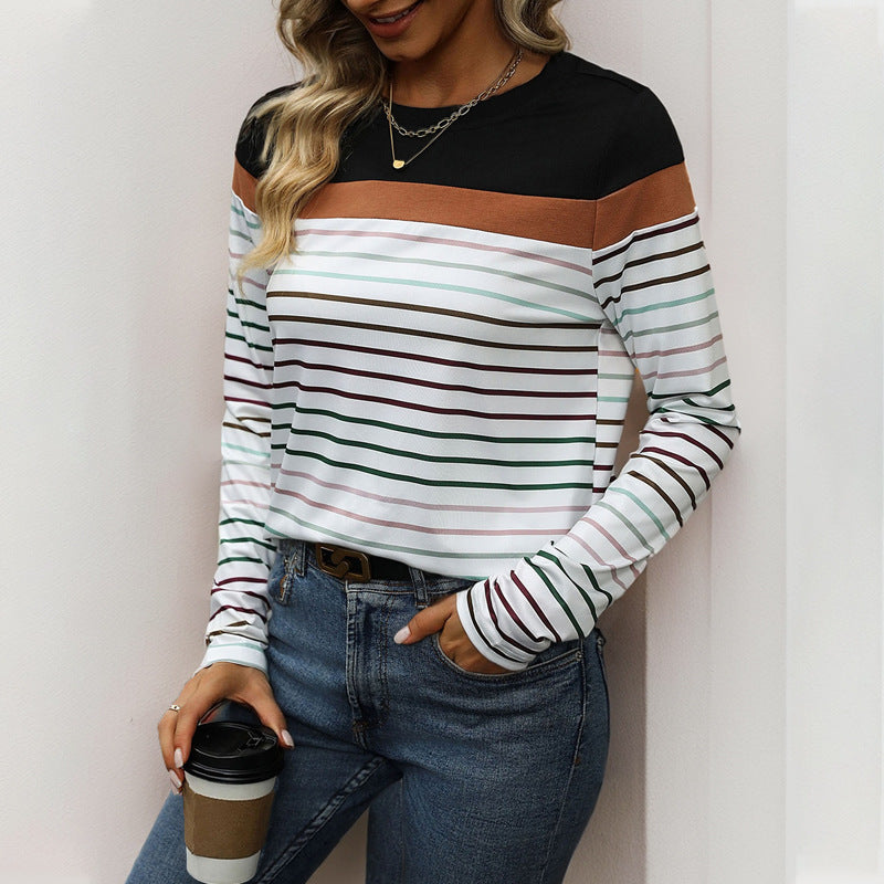 Damen Langärmliges gestreiftes Shirt mit Colorblock‑Schulter und Rundhalsausschnitt Echoarchiv