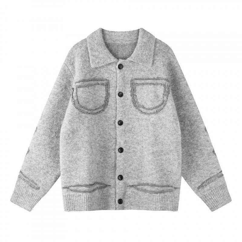 Unisex Oversize Strickjacke im Hemdjacken-Look mit Kragen, aufgesetzten Brusttaschen und Fransenbesatz Echo Archiv