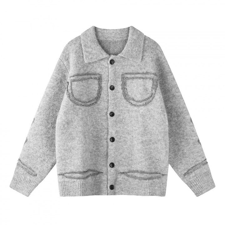 Unisex Oversize Strickjacke im Hemdjacken-Look mit Kragen, aufgesetzten Brusttaschen und Fransenbesatz Echo Archiv