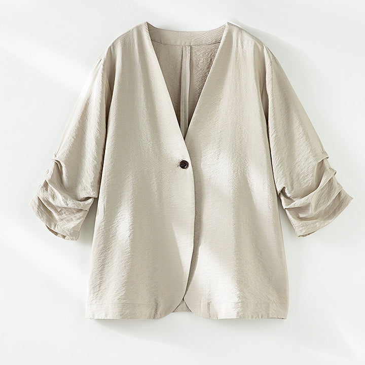 Damen Leichter Oversize-Blazer mit V-Ausschnitt, Ein-Knopf-Verschluss und gerafften Dreiviertelärmeln Echoarchiv