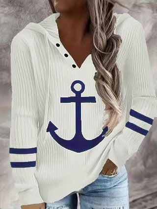 Damen Maritimes Kapuzen-Tunika-Shirt mit großem Ankerprint und Crinkle-Struktur – Orélia