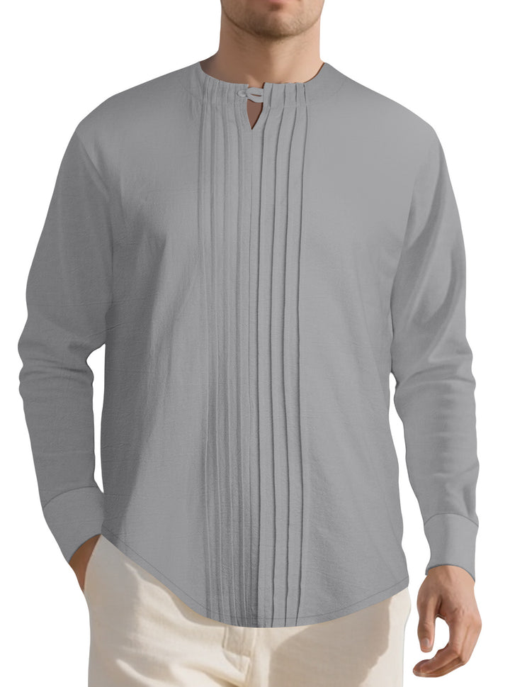 Herren Leichtes Langarmshirt im Leinenlook mit Stehkragen, Kellerfalten und Schlaufenverschluss Echoarchiv