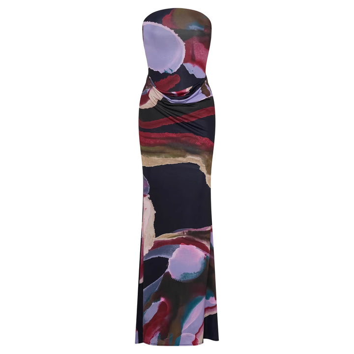 Damen Strapless Maxikleid mit fließendem Stoff und kunstvollem Druck Echo Archiv