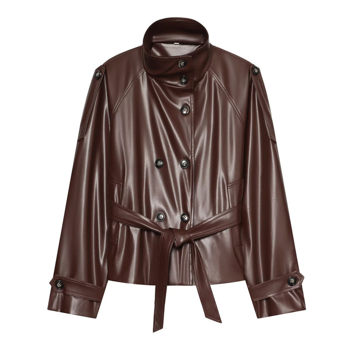 Damen Kurzer Trench‑Blouson in Lederoptik mit Taillengürtel, hohem Stehkragen und doppelter Knopfleiste Echo Archiv