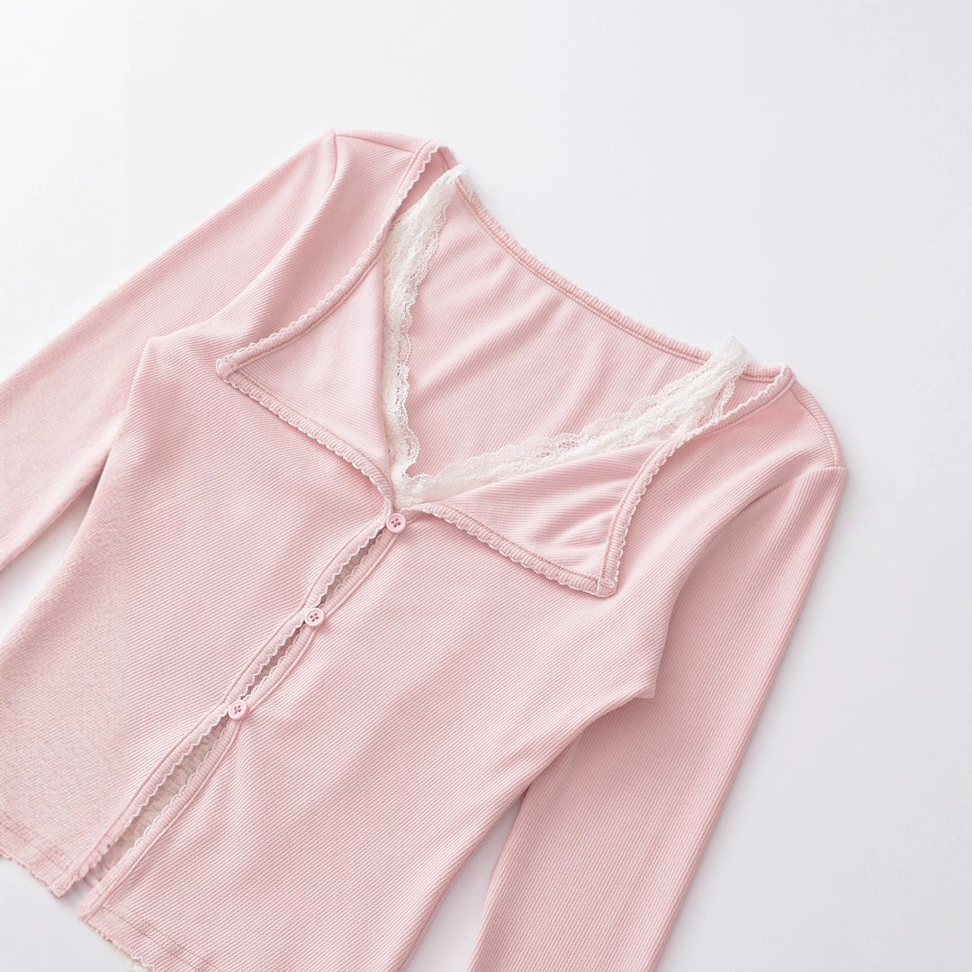 Damen Taillierter Buttoncardigan mit Spitzenbesatz und ausgestellten Ärmeln Echoarchiv