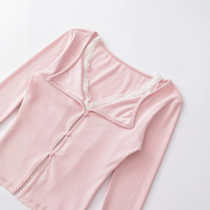 Damen Taillierter Buttoncardigan mit Spitzenbesatz und ausgestellten Ärmeln Echoarchiv