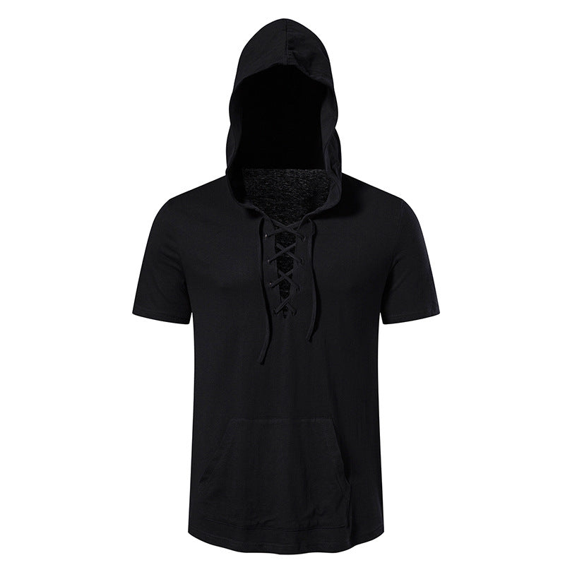Herren Kurzarm-Hoodie mit lässigem Lacing-Design und praktischer Kängurutasche Echoarchiv