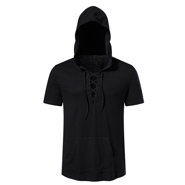 Herren Kurzarm-Hoodie mit lässigem Lacing-Design und praktischer Kängurutasche Echoarchiv