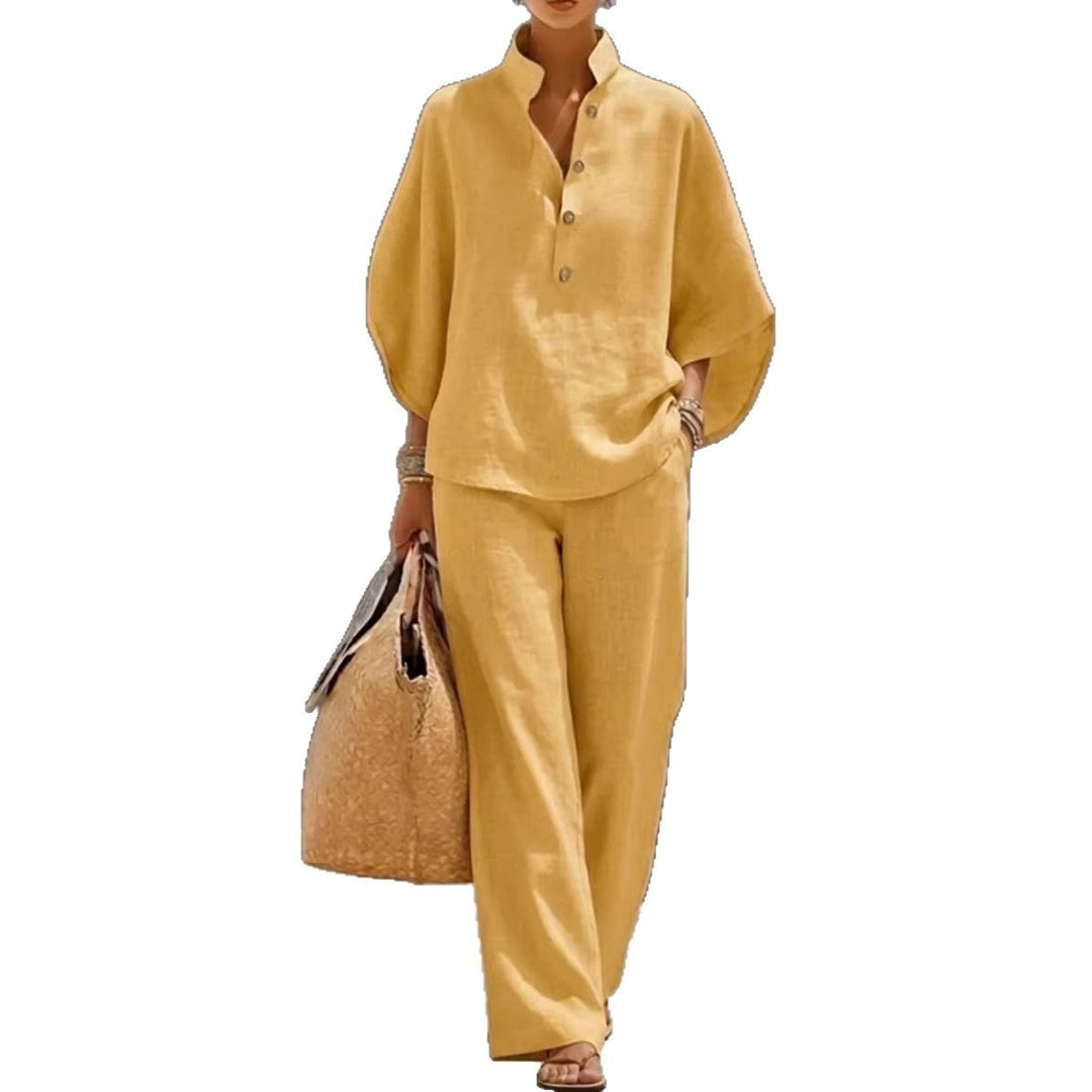 Damen Lockeres Leinenoptik-Zweiteiler mit Stehkragenbluse und weitem Palazzo-Hose – Élanora
