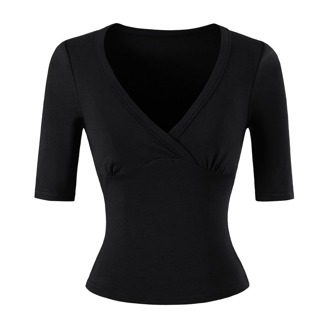Damen Figurbetontes Wickelshirt mit tiefem V-Ausschnitt, dreiviertelärmeln und Taillenbetonung Echoarchiv