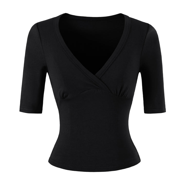 Damen Figurbetontes Wickelshirt mit tiefem V-Ausschnitt, dreiviertelärmeln und Taillenbetonung Echoarchiv