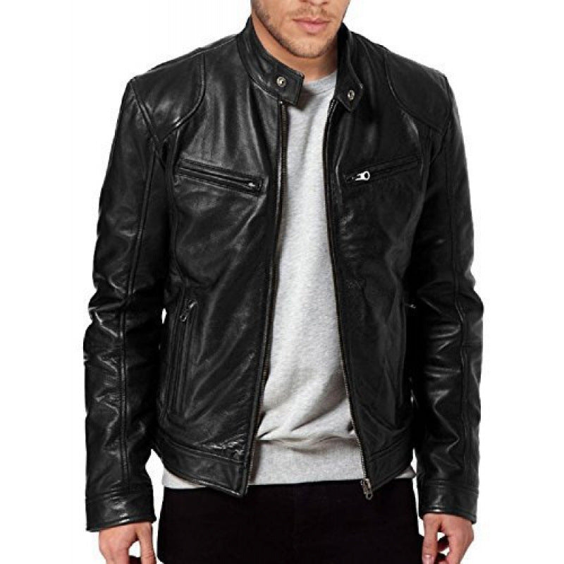 Herren Bikerjacke aus hochwertigem Leder mit kontrastierenden Nähten Echoarchiv