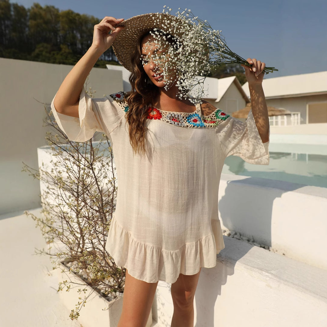 Damen luftiger Strandüberwurf mit floralen Häkelapplikationen Echo Archiv
