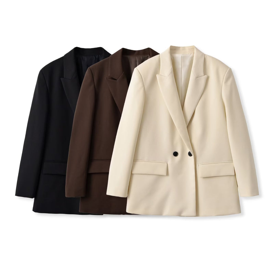 Damen Doppelreihiger Longblazer mit Reverskragen, tailliertem Schnitt und Pattentaschen Echoarchiv